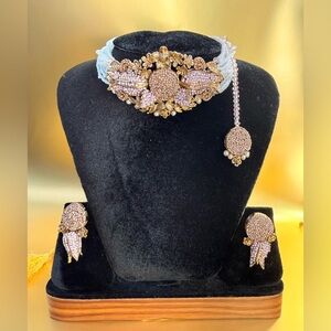 Gold and Pink Crystal Bridal Choker Necklace Set
